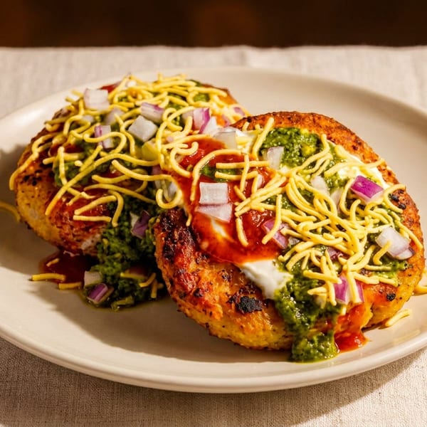 Two golden-brown patties topped with green and red chutneys, yogurt, diced onions, and crispy sev on a plate.