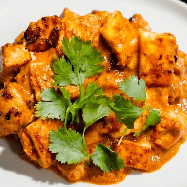 Cubed paneer or chicken in a rich orange curry sauce, garnished with fresh green cilantro.