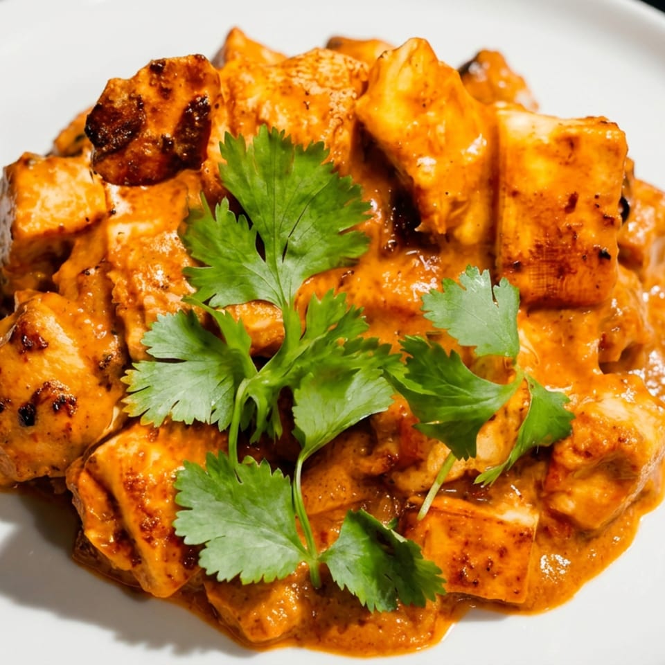 Cubed paneer or chicken in a rich orange curry sauce, garnished with fresh green cilantro.
